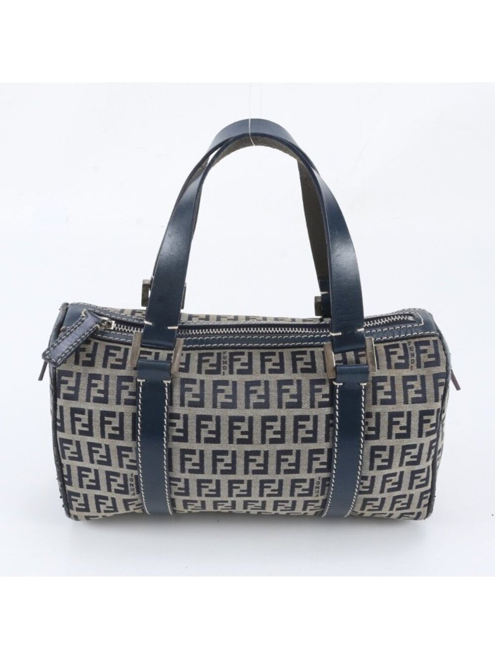 Fendi Zucchino Mini Boston Leather Handbag Tote Navy